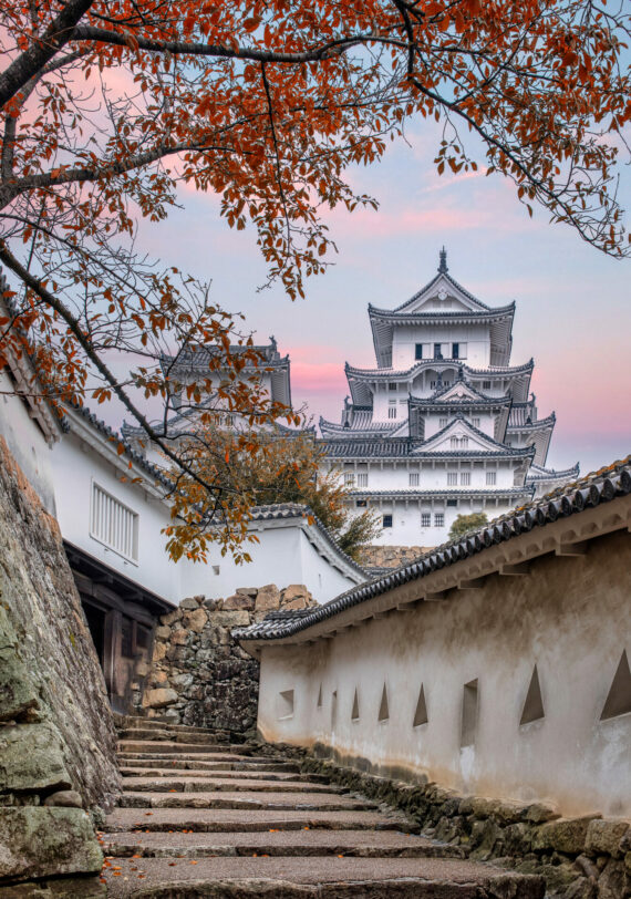 Architecture historique de Kyushu, Japon : château traditionnel sous ciel rosé lors d'un voyage organisé en Asie avec Karavaniers.