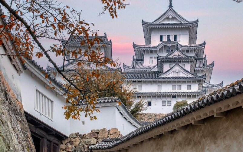 Architecture historique de Kyushu, Japon : château traditionnel sous ciel rosé lors d'un voyage organisé en Asie avec Karavaniers.